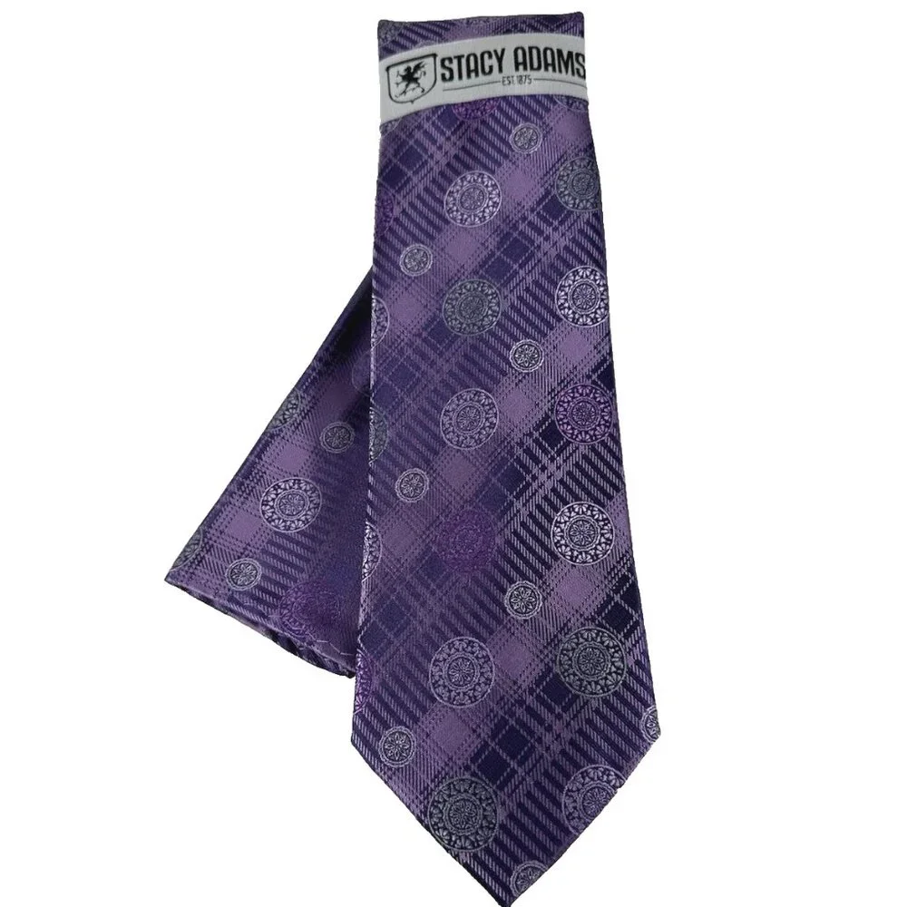 Stacy Adams Men Tie Hanky Purple Lilac Charcoal Gray Plaids & Checks 3.25